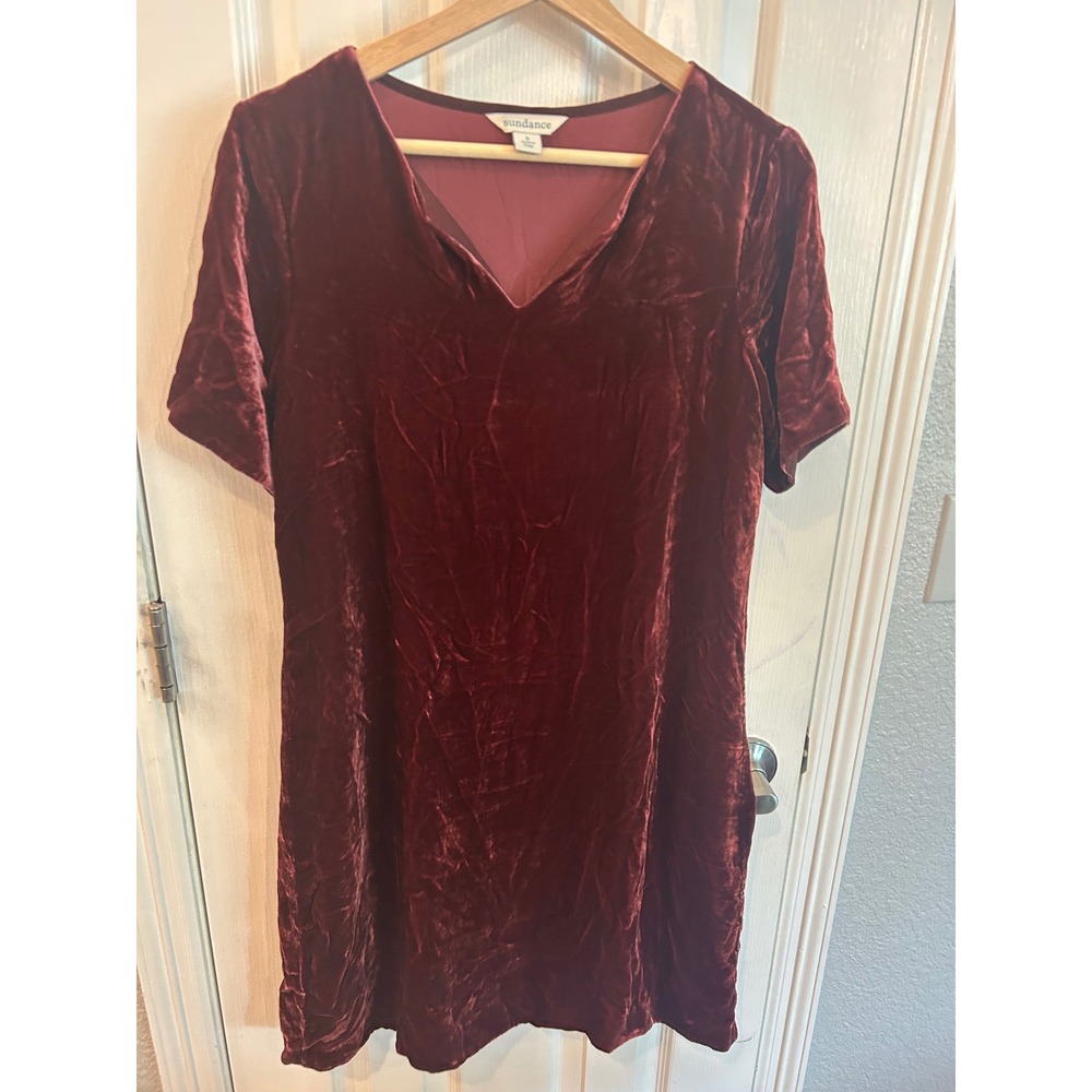 Sundance Velvet Dress Burgundy Silk Blend V-Neck Short Sleeve Shift Holiday Wine